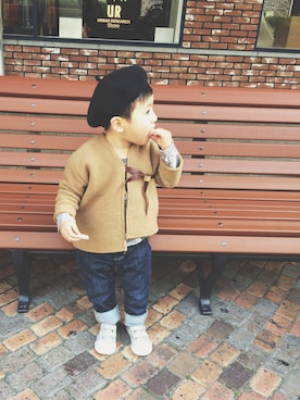 「インディゴデニム」｜「アイテム（ハンチング/ベレー帽）」を使った、@bunbunさん（キッズ・90cm）の冬コーディネート