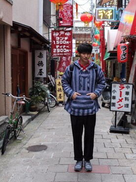 「メキシカンパーカーのアイテム（ジャケット/アウター、パープル系）」を使った、247さん（メンズ・181cm）の冬コーディネート