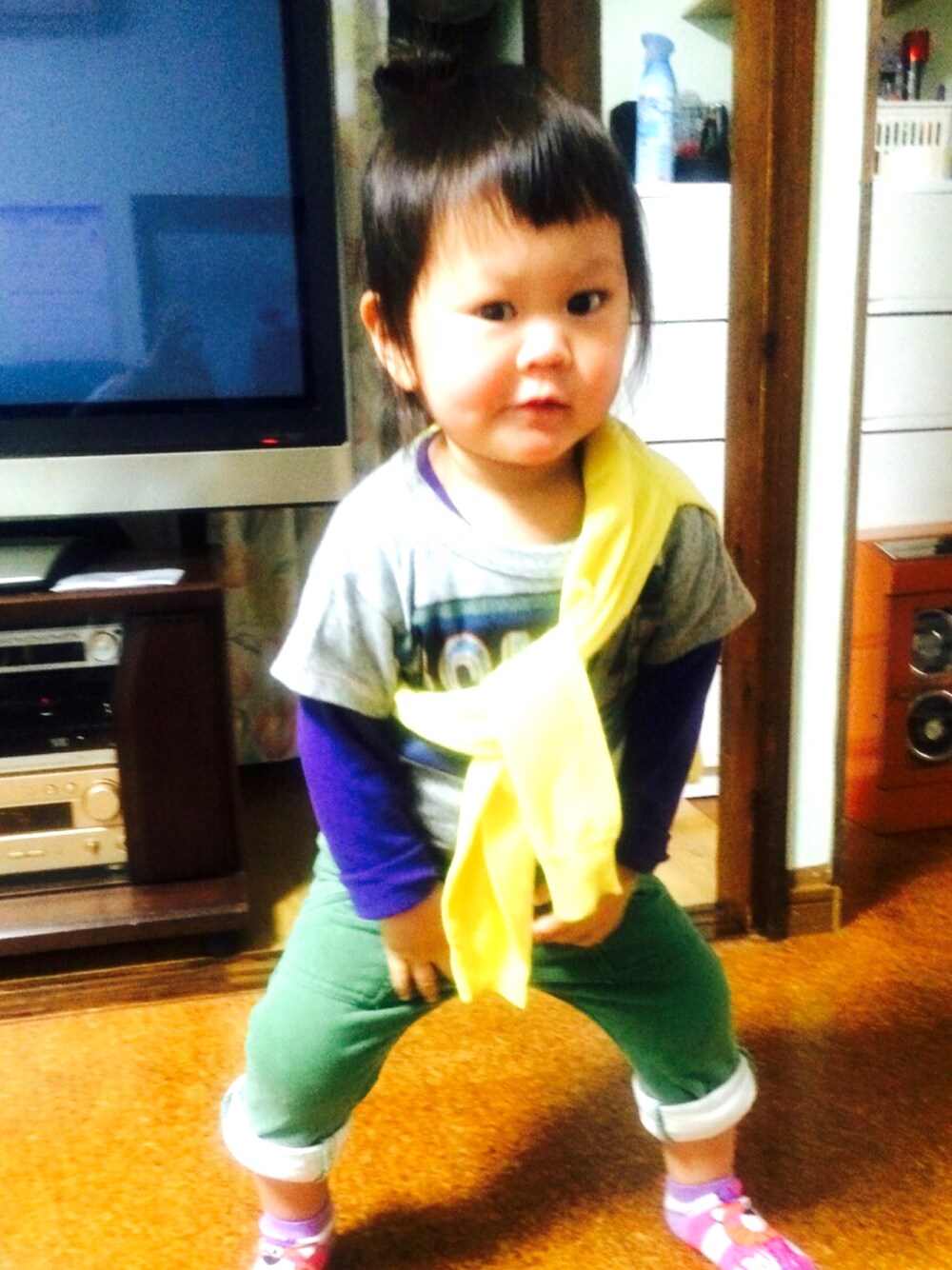 「kidsfashion、チビーズ✳︎、しまむら、old navy」｜「しまむらのアイテム（Tシャツ/カットソー、グレー系）」を使った、R7さん（キッズ・110cm）の春コーディネートの1枚目の写真