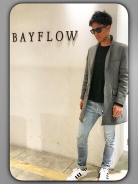 「BAYFLOW(BAYFLOW)」｜「アイテム（チェスターコート）」を使った、けいさん（メンズ・184cm）の春コーディネート