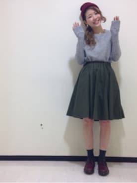 「ひざ丈スカート」｜「アイテム（ニットキャップ/ビーニー）」を使った、くりためいさん（レディース・159cm）の秋コーディネート