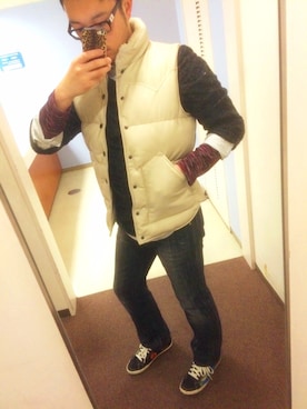 「AZUL by moussy（アズールバイマウジー）のアイテム（ダウンジャケット/コート）」を使った、tomoyaさん（メンズ・171cm）の春コーディネート