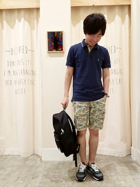 「coen（コーエン）のレギュラーポロシャツ1（ポロシャツ、ブルー系）」を使った、ポメたろう。【coen】さん（メンズ・166cm）の夏コーディネート