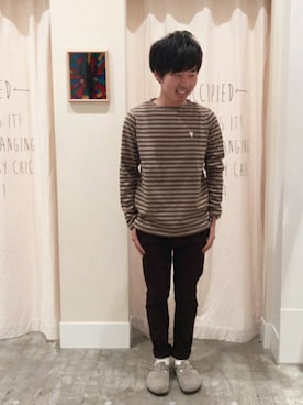 「coen（コーエン）のボーダーボートネックカットソー（Tシャツ/カットソー、ベージュ系）」を使った、ポメたろう。【coen】さん（メンズ・166cm）の秋コーディネート