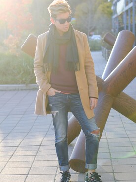 「TOPMAN（トップマン）のアイテム（チェスターコート）」を使った、Alexanderさん（メンズ・173cm）の秋コーディネート