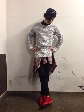 「BOY LONDON（ボーイロンドン）のアイテム（キャップ、ブラック系）」を使った、Tkさん（メンズ・173cm）の冬コーディネート