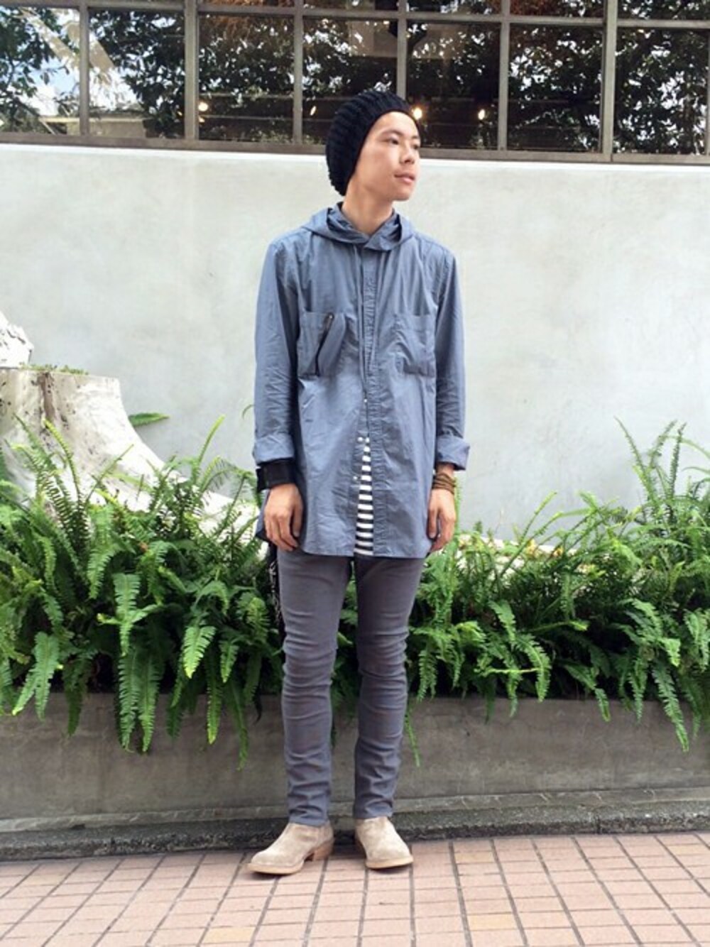 「ブーツ、ボーダー、シャツ、グレー、ニット帽、秋のコーデ、nonnative、vendor、ootd、outfit」｜「TRANSITのTRANSIT(トランジット)28号 美しき海の路 琉球・台湾・香港 (講談社 Mook(J)) （雑誌、その他）」を使った、KOTATOさん（メンズ・178cm）の夏コーディネートの1枚目の写真