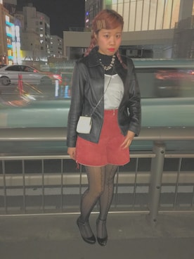 「シアータイツ」｜「アイテム（ライダースジャケット）」を使った、hikariさん（レディース・160cm）の冬コーディネート