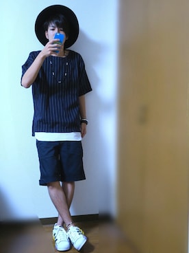 「GLOBAL WORK（グローバルワーク）のフェルトロングブリムハット/705078（ハット）」を使った、かぴばらさん（メンズ・165cm）の夏コーディネート