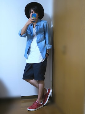 「GLOBAL WORK（グローバルワーク）のフェルトロングブリムハット/705078（ハット）」を使った、かぴばらさん（メンズ・165cm）の夏コーディネート