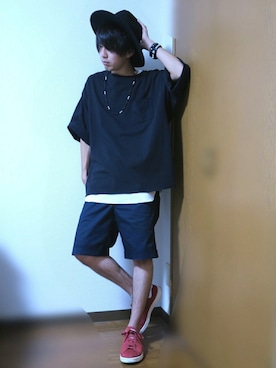 「GLOBAL WORK（グローバルワーク）のフェルトロングブリムハット/705078（ハット）」を使った、かぴばらさん（メンズ・165cm）の夏コーディネート