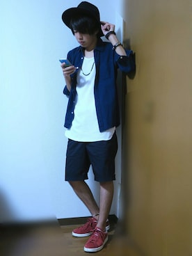 「GLOBAL WORK（グローバルワーク）のフェルトロングブリムハット/705078（ハット）」を使った、かぴばらさん（メンズ・165cm）の夏コーディネート