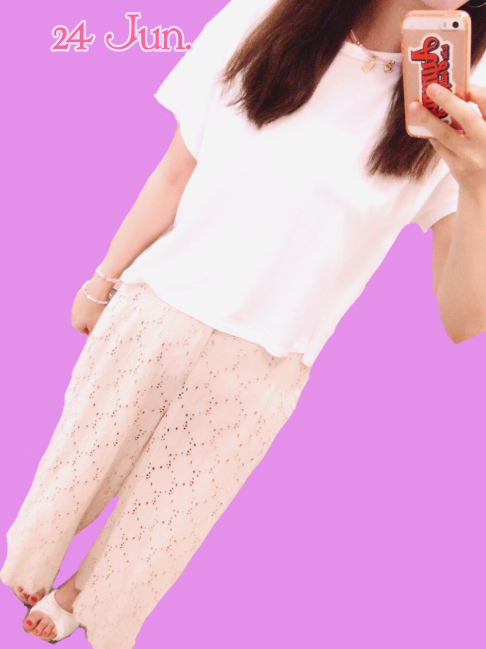 「白Tシャツ、ピンク、ガウチョパンツ、レースガウチョ、レース、白×ピンク」｜「graceのアイテム（ネックレス、ピンク系）」を使った、Kanaさん（レディース・161cm）の夏コーディネートの1枚目の写真