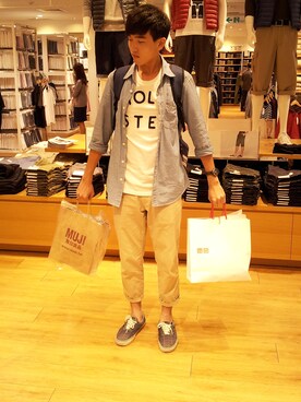 「Hollister（ホリスター）のアイテム（Tシャツ/カットソー、ホワイト系）」を使った、Wesさん（メンズ・177cm）の夏コーディネート