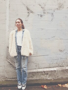 「H&M（エイチ・アンド・エム）のアイテム（その他アウター、ホワイト系）」を使った、sakiさん（レディース・163cm）の冬コーディネート