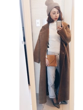 「AMERI」｜「アイテム（ニットキャップ/ビーニー）」を使った、黒石奈央子さん（レディース・152cm）の冬コーディネート
