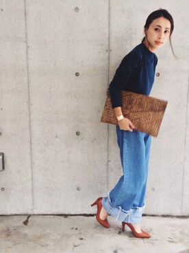 「Ameri（アメリ）のアイテム（クラッチバッグ）」を使った、黒石奈央子さん（レディース・152cm）の秋コーディネート