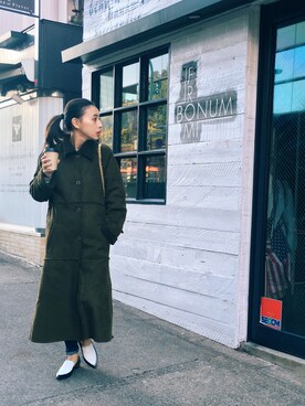 「AMERI」｜「アイテム（ムートンコート）」を使った、黒石奈央子さん（レディース・152cm）の冬コーディネート