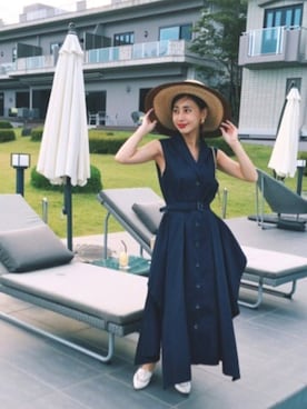 「Ameri（アメリ）のアイテム（帽子）」を使った、黒石奈央子さん（レディース・152cm）の夏コーディネート