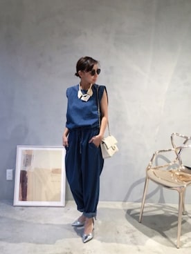 「Ameri（アメリ）のアイテム（オールインワン・サロペット）」を使った、黒石奈央子さん（レディース・152cm）の夏コーディネート