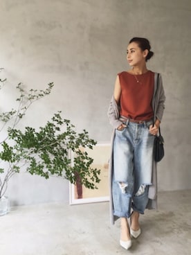 「Ameri（アメリ）のアイテム（デニムパンツ）」を使った、黒石奈央子さん（レディース・152cm）の夏コーディネート