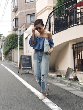 「Ameri（アメリ）のアイテム（デニムパンツ）」を使った、黒石奈央子さん（レディース・152cm）の夏コーディネート