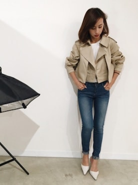 「Ameri（アメリ）のアイテム（トレンチコート）」を使った、黒石奈央子さん（レディース・152cm）の秋コーディネート