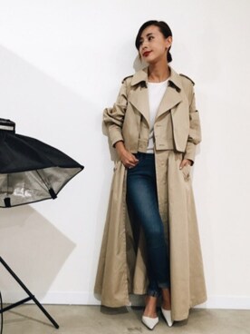 「Ameri（アメリ）のアイテム（トレンチコート）」を使った、黒石奈央子さん（レディース・152cm）の秋コーディネート