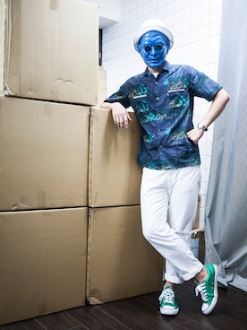 「DEMARCOLAB（デマルコラブ）のアイテム（キャップ）」を使った、LarryBarlowさん（メンズ・179cm）の夏コーディネート