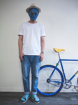 「DEMARCOLAB（デマルコラブ）のアイテム（キャップ）」を使った、LarryBarlowさん（メンズ・179cm）の夏コーディネート