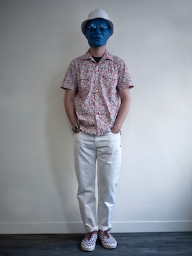 「DEMARCOLAB（デマルコラブ）のアイテム（キャップ）」を使った、LarryBarlowさん（メンズ・179cm）の夏コーディネート
