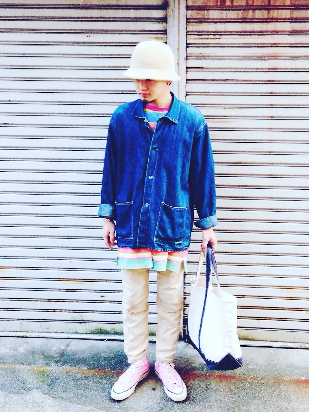 「NEW YORK HATのアイテム（ハット、ベージュ系）」を使った、takuro_tanakaさん（メンズ・165cm）の秋コーディネートの1枚目の写真