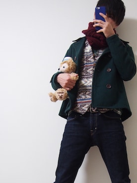 「GGD（ジージーディー）のアイテム（ピーコート）」を使った、:)さん（メンズ・182cm）の秋コーディネート