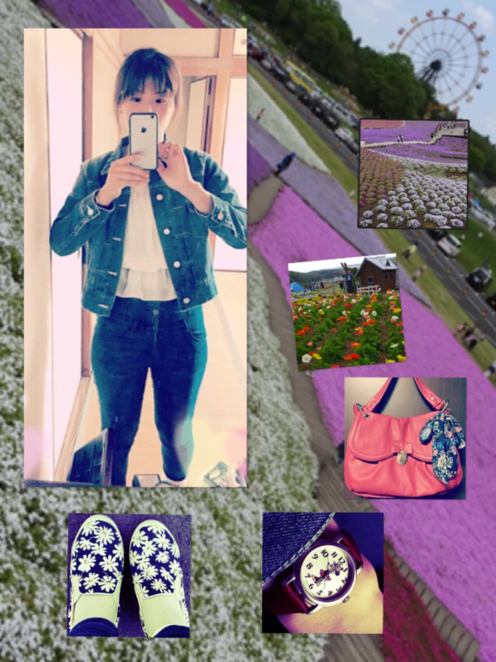 ブルー系のデニムジャケット、ホワイト系のシャツ/ブラウス、グリーン系のキャミソールを着用したレディースの春コーディネートの1枚目の写真