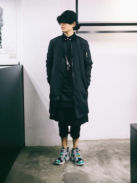 「Rick Owens（リックオウエンス）のアイテム（帽子）」を使った、Eggsyさん（メンズ・170cm）の冬コーディネート