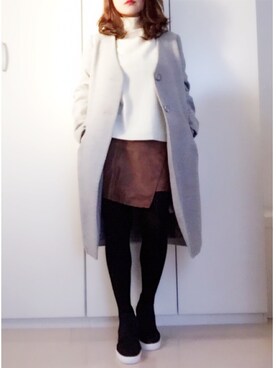 「HERE'S（HERE'S）のアイテム（ノーカラージャケット）」を使った、masさん（レディース・149cm）の冬コーディネート