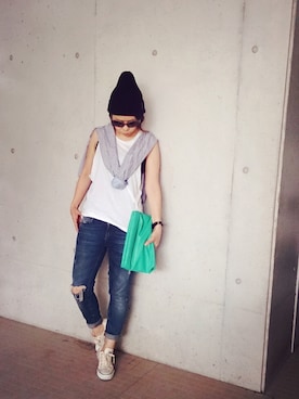 「H&M（エイチ・アンド・エム）のアイテム（タンクトップ、ホワイト系）」を使った、yam.さん（レディース・161cm）の夏コーディネート