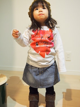 「abcd（ナシ）のアイテム（Tシャツ/カットソー、ホワイト系）」を使った、miharuさん（キッズ・80cm）の秋コーディネート