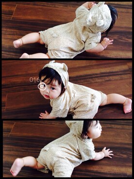 「アイテム（つなぎ/オールインワン、ベージュ系）」を使った、Shioさん（キッズ・70cm）の夏コーディネート