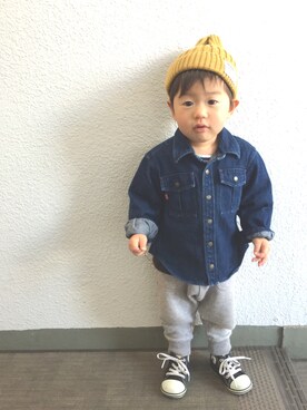 「アイテム（デニムジャケット、ブルー系）」を使った、Dai-cHiさん（キッズ・80cm）の春コーディネート