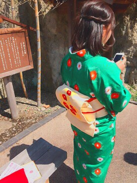 「no brand（ノーブランド）のアイテム（浴衣、グリーン系）」を使った、お嬢さん（レディース・162cm）の春コーディネート