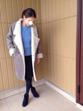 「UNIQLO（ユニクロ）のアイテム（ニット/セーター、ブルー系）」を使った、HI_MAさん（レディース・156cm）の冬コーディネート