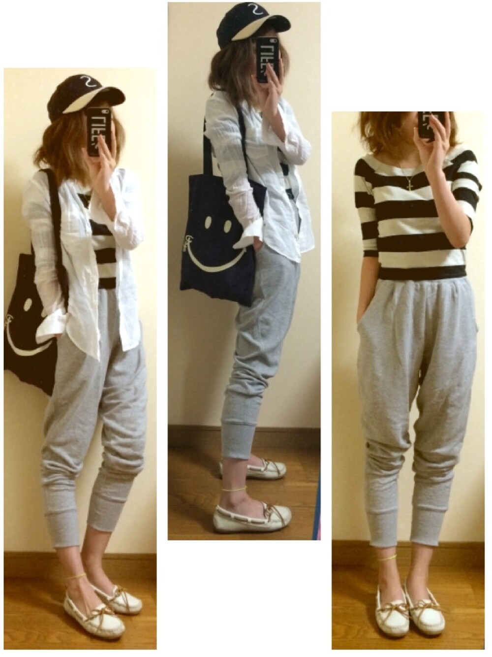 「スウェットパンツ、トートバッグ、NEWERA、moussy、minnetonka、モカシン、Ron Herman、soe、capコーデ、CAP女子」｜「RonHerman VINTAGEのニコちゃんトート（トートバッグ、ブルー系）」を使った、おまゆさん（レディース・156cm）の夏コーディネートの1枚目の写真