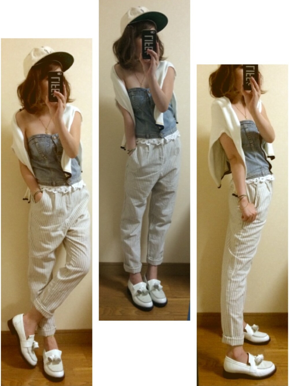 ベージュ系のその他パンツ、イエロー系のカーディガン/ボレロ、ブルー系のチューブトップを着用したレディースの夏コーディネートの1枚目の写真