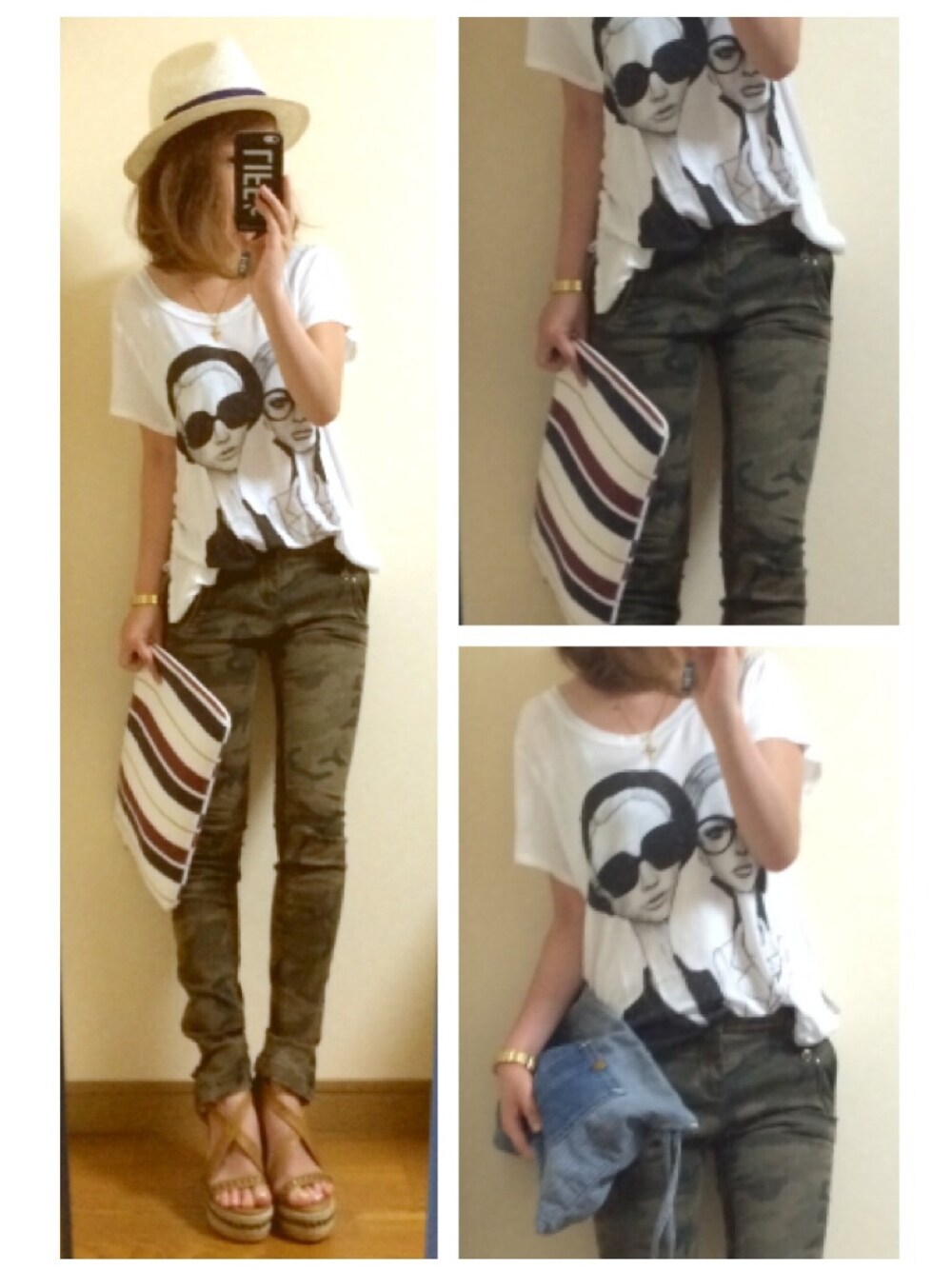 「カモフラ、Tシャツ、ハット、ウエッジソール、イラストT、コルクヒール」｜「Leeのヒッコリーdenimクラッチバッグ（クラッチバッグ、ブルー系）」を使った、おまゆさん（レディース・156cm）の夏コーディネートの1枚目の写真