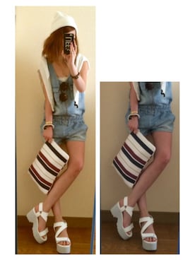 「ニットキャップ」｜「アイテム（つなぎ/オールインワン）」を使った、おまゆさん（レディース・156cm）の夏コーディネート
