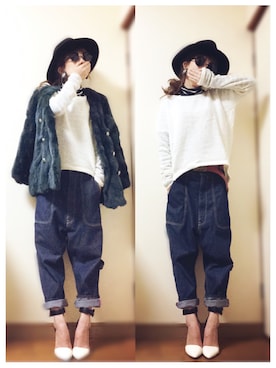 「サルエルデニム」｜「アイテム（その他アウター）」を使った、おまゆさん（レディース・156cm）の秋コーディネート