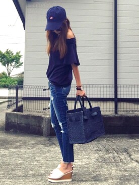 「SEA（シー）のネイビーカゴバッグM（かごバッグ）」を使った、おまゆさん（レディース・156cm）の夏コーディネート