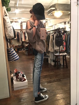「オープンショルダー」｜「アイテム（キャップ）」を使った、おまゆさん（レディース・156cm）の夏コーディネート