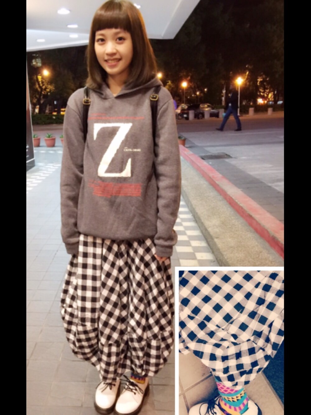 「TAIPEI、black、Taiwan、white、black and white、格子、Tshirts、帽T、gray、colorful」｜「Sassyのアイテム（スカート、ブラック系）」を使った、turturleeさん（レディース・160cm）の冬コーディネートの1枚目の写真
